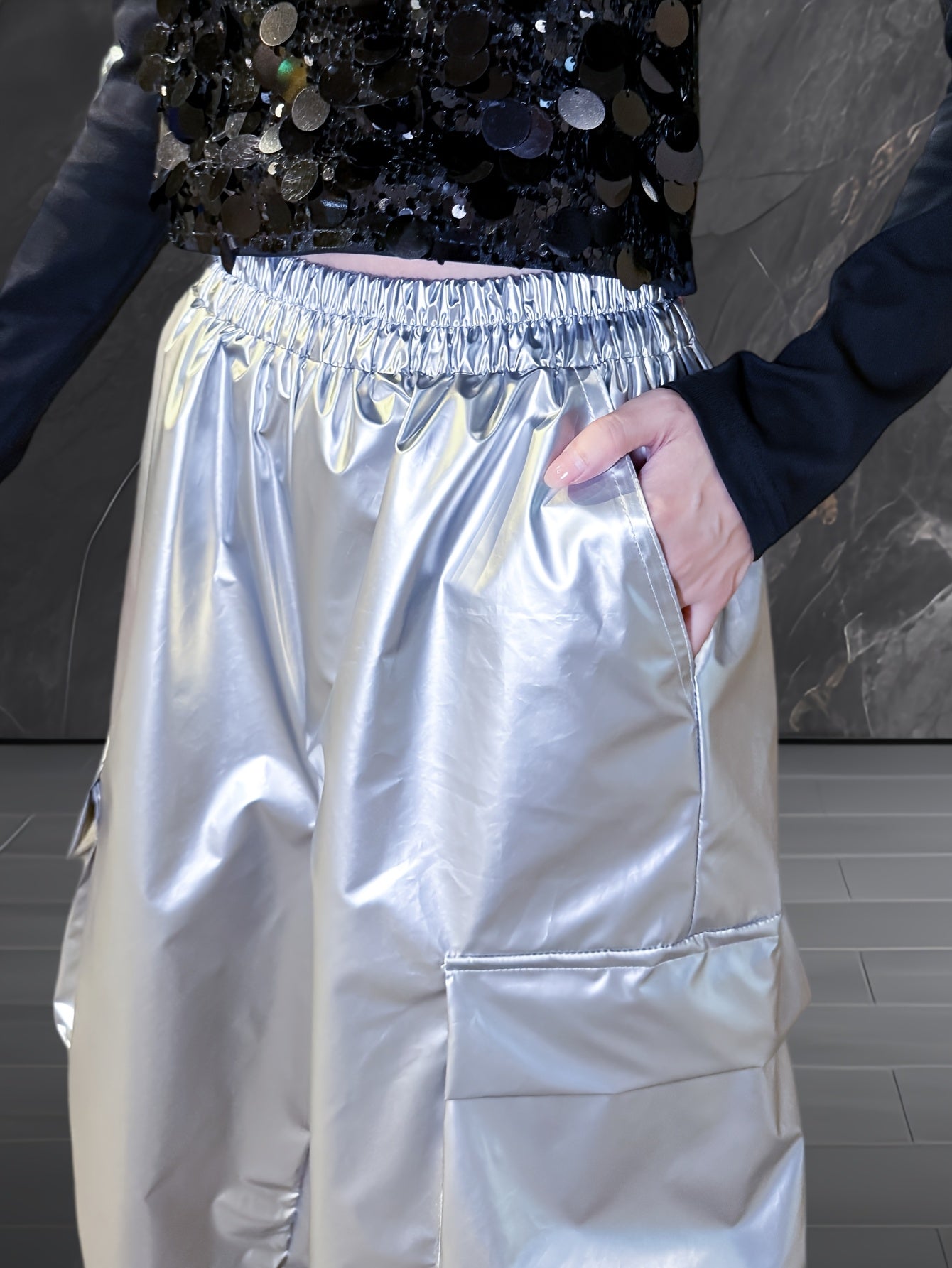 Reflective Hip-Hop Jazz Women'S Wide-Leg Pants - Elastic Waist, Silvery Texture, Loose Fit with Pockets, Machine Washable, Perfect for Streetwear & Casual Style, Spring Autumn Trousers, Street Style Pants | Loose Fit Pants |