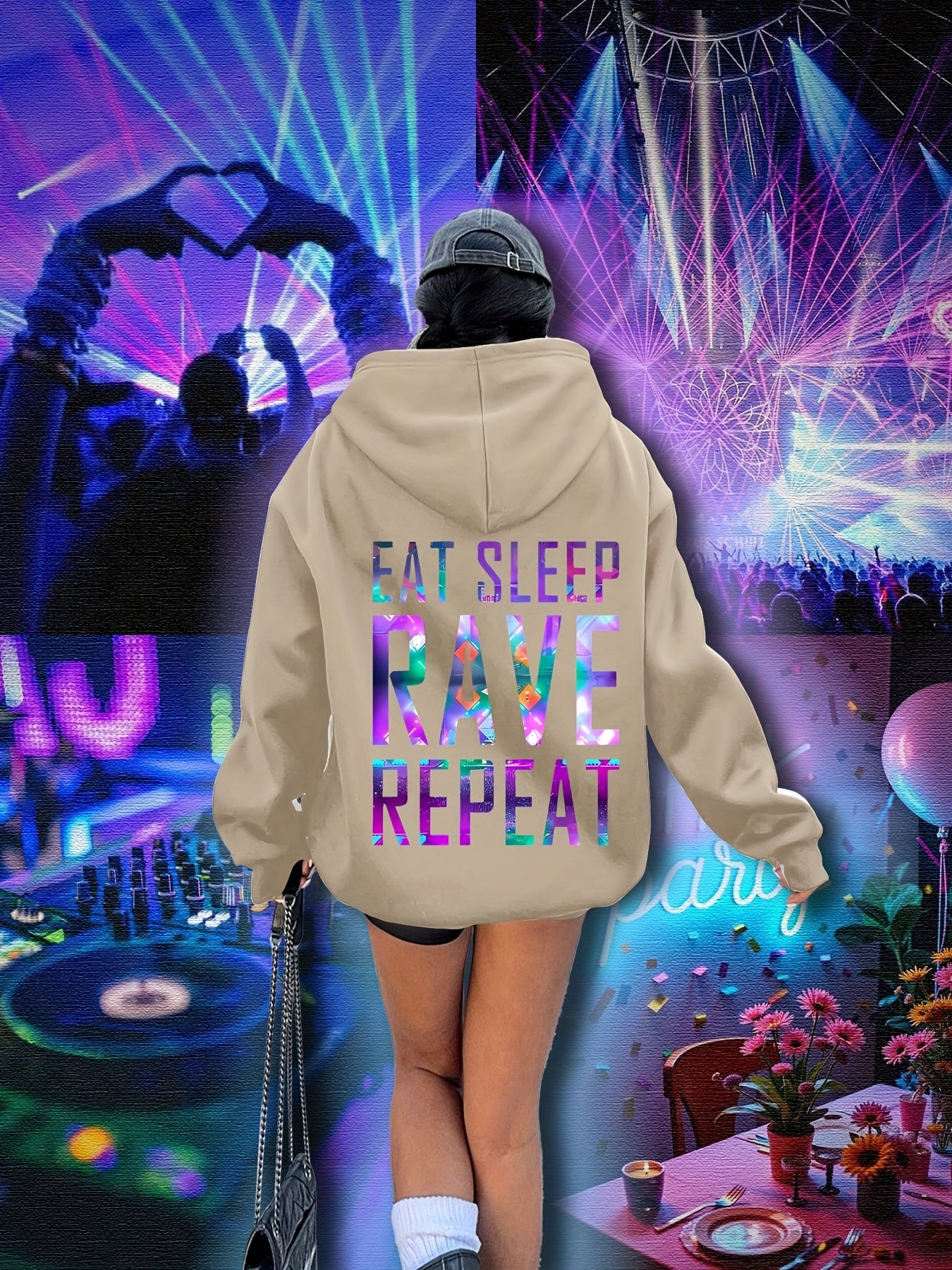 Plus Size, Women's Plus Size "EAT SLEEP RAVE REPEAT" Graphic Hoodie - Music Festival Print with Colorful Lights & DJ Design, Cozy Drawstring Hooded Sweatshirt for Winter & Autumn, Machine Washable Casual Pullover