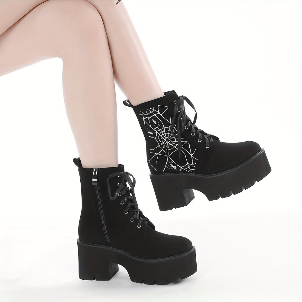 GDGYDH Women's Punk-Style Spiderweb Embroidered Ankle Boots with Chunky Heel, Lace-Up & Side Zipper - Comfortable All-Season Fashion Shoes