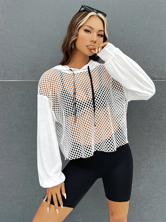 Hollow Out Drawstring Hoodies, Sexy Solid Long Sleeve Sweatshirt, Women's Clothing