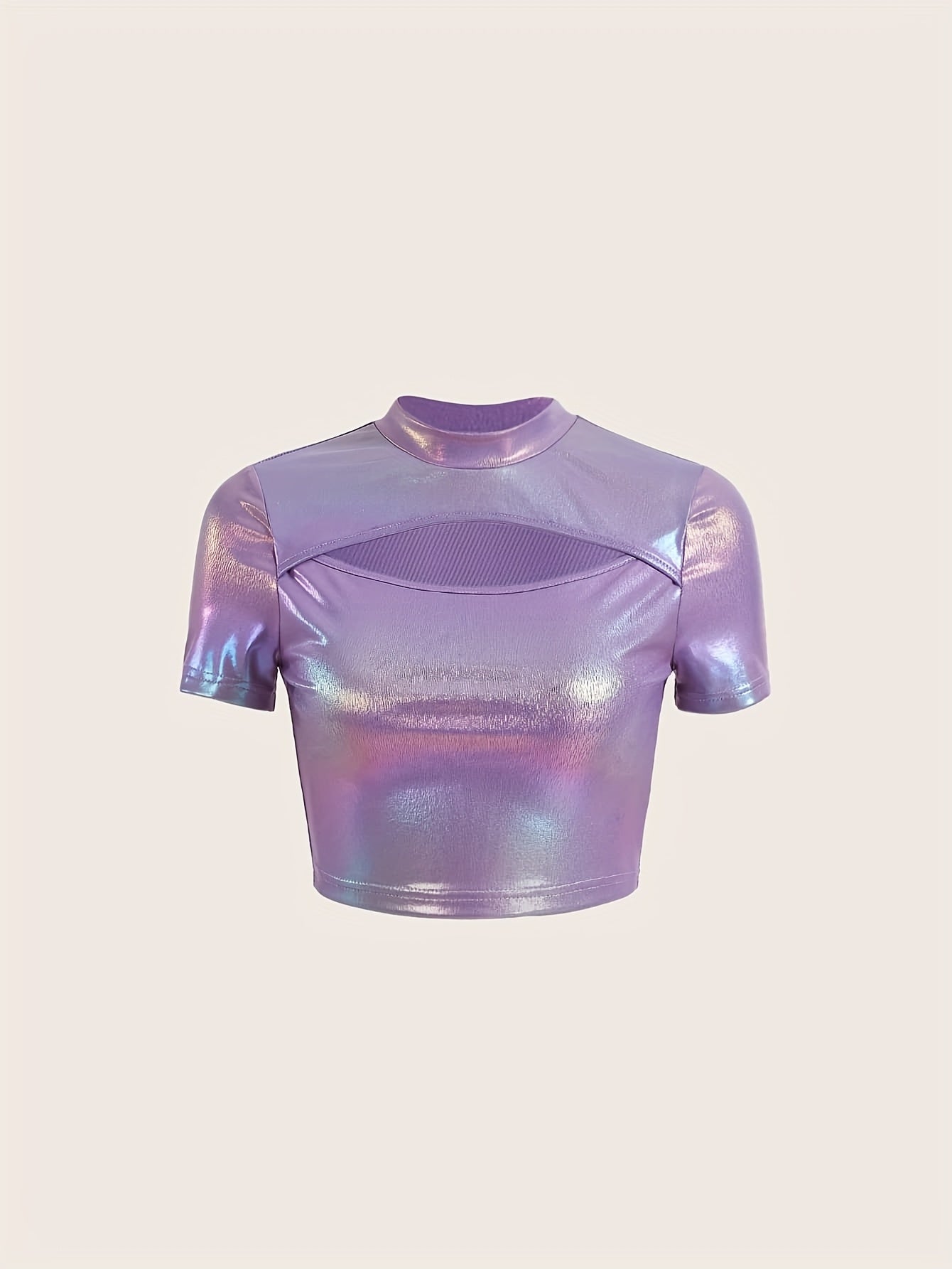 HG Women's Sexy Slim Fit Round Neck Short Sleeve T-Shirt - Hollow-Out Design, Shimmering Purple-Pink-Purple Gradient, Medium Stretch Fabric, All-Season Versatile Top, Evening Wear, Elegant Style, Glossy Finish, Casual Top, Br