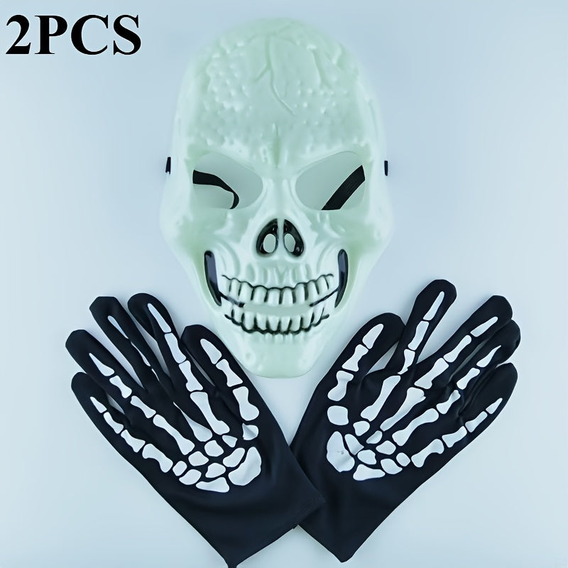 2pcs Glow-in-the-Dark Green Skull Series Luminous Mask & Gloves - Halloween Costume Party Accessory, Fashionable Plastic Makeup Masks for Nighttime Festivities, Halloween Costumes, Glowing Mask, Glowindark Feature