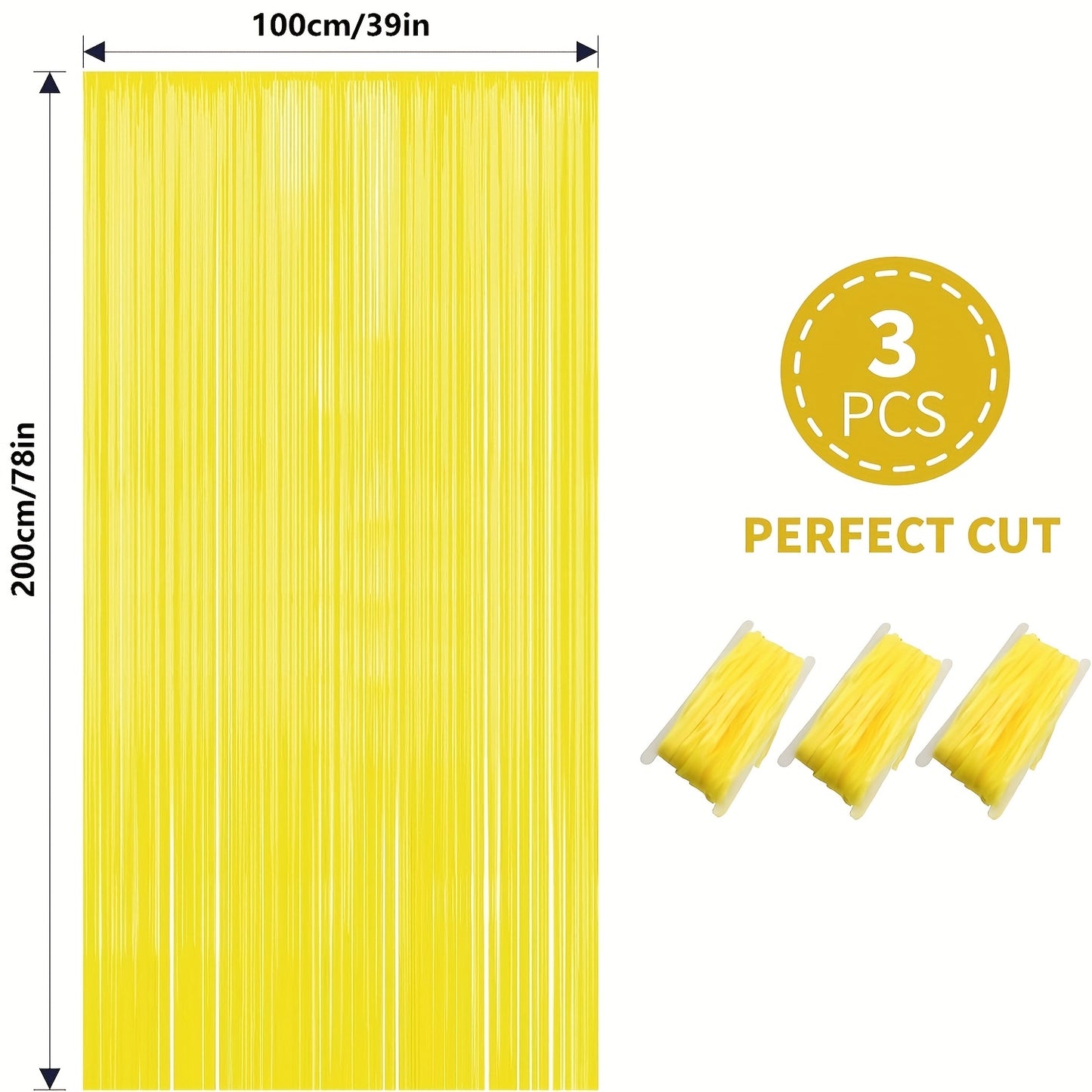 3pcs Glow in The Dark Party Supplies - UV Reactive Neon Macaron Yellow Tinsel Foil Fringe Streamers, 198.12x99.06 cm Plastic Photo Booth Backdrop Decor for Birthday, Graduation, Spring & Summer Parties, Party Decorations, Fes