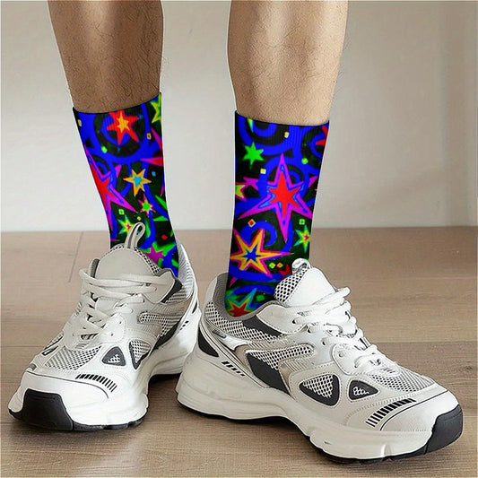 1 Pair Unisex Neon Star Print Crew Socks – Fun, Colorful, and Comfortable Knee-High Socks for Indoor & Outdoor Activities, Perfect Gift for Men and Women, Streetwear Accessories | Vibrant Sock Style | Stretchy Fabric Socks,