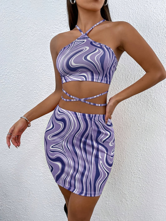 Asymmetric Color Wave Print Sexy Backless Halter Top + Slimming Skirt Two-Piece Set
