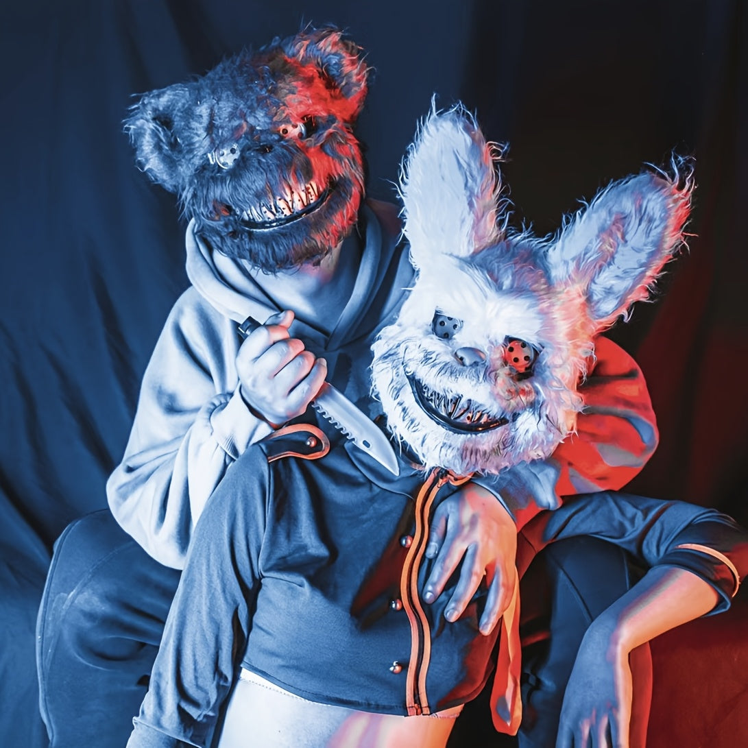 3pcs Horror Costume Set - Blood-Splattered Bunny & Killer Rabbit Mask with Bloody Apron & Gloves - Menacing White Rabbit Costume with Black Eyes & Sharp Teeth - Blood-Drip Design for Adults - Perfect for Halloween, Carnival,