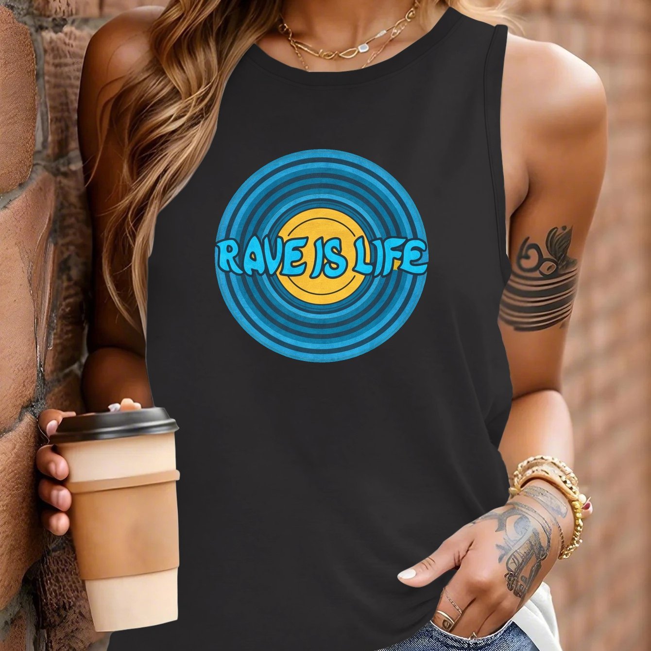 Rave Is Life Women's Sleeveless Vest - Vibrant Red Geometric Circular Design, Casual Round Neck, Machine Washable All-Season Wear for Festivals, Parties & Everyday Outfits, Rave Accessories, Festival Outfit, Bold Graphic, Lig