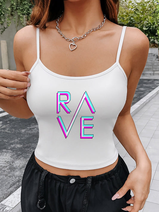 Women'S Sexy Off-Shoulder Polyester Crop Top with "RAVE" Letter Print - White, Strappy Backless Design, Perfect for Summer & Night Out, Crop Top Blouse