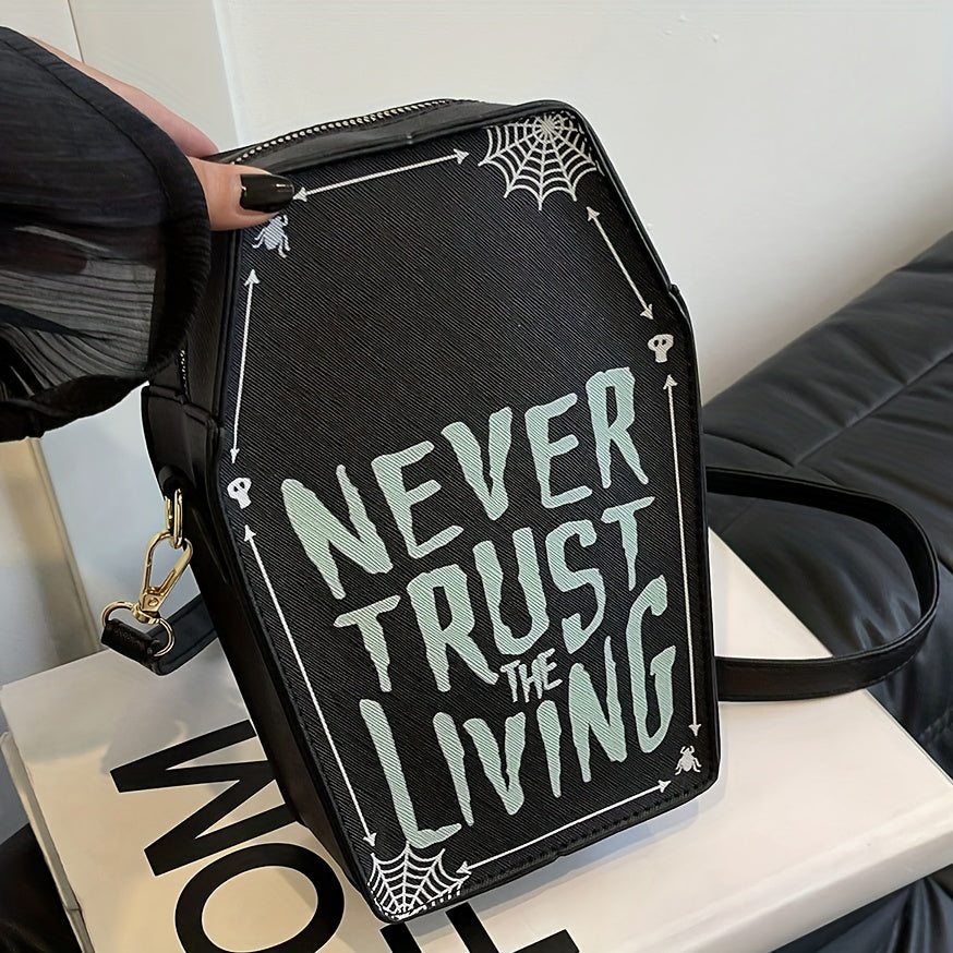 1pc Halloween Coffin-Shaped Fashion Shoulder Bag for Women, Sexy Gothic Faux Leather Crossbody Purse with "Never Trust The Living" Print, Zip Closure, Polyester Lining, and Edge Detailing