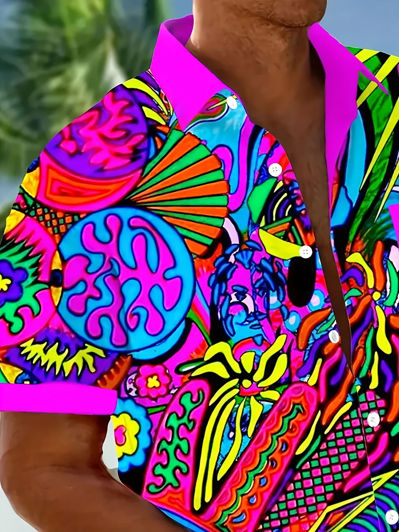 Men's Vintage Neon Abstract Shirt - Bold 3D Digital Print Button-Up Collar - Lightweight Polyester Formal & Casual Summer Shirt - Machine Washable Everyday & Evening Outfits, Smooth Texture Fabric