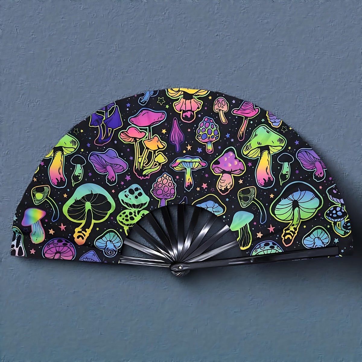 33.02cm Glow-in-the-Dark Mushroom Folding Fan - Vibrant Neon Psychedelic Design, Handheld PP Material for Parties, Raves, Halloween, Concerts, Cosplay & Themed Events - No Battery Needed, Mushroom Decor