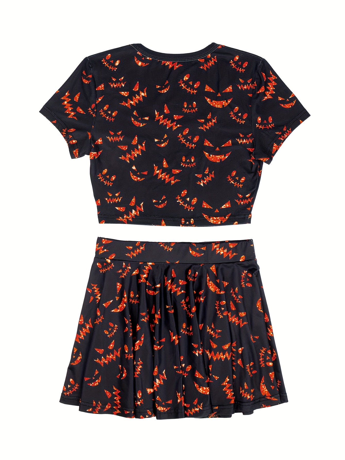 Women'S Halloween Skull 3D Print Top & Skirt Set - Black with Orange Pumpkin & Bat Design, Short Sleeve Crop Top & Mini Skirt, Perfect for Festive Occasions, Festive Attire|Playful Print|Short Sleeve Top, Halloween Costume