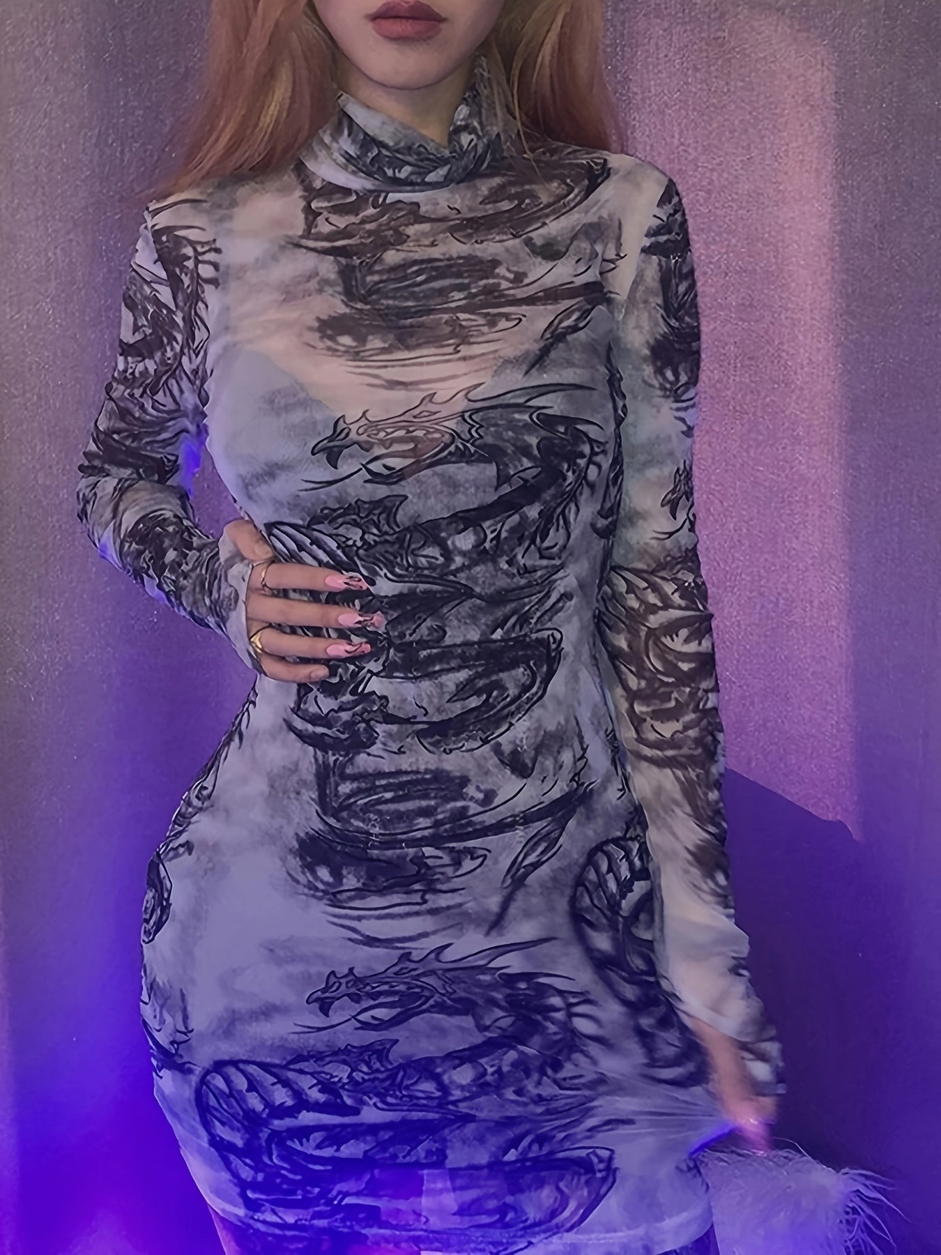 Women's Y2K Fashion Dragon Print Semi-Sheer High Neck Sleeve Bodycon Dress - Stretchy Machine Washable All-Season Versatile Fit, Trendy Outfit, Formfitting Style, Medium Elasticity, Streetwear Style, Comfortable Fit, Trend Fo