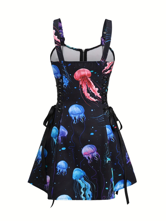 1pc Women'S Casual Jellyfish Print Spaghetti Strap Dress, Polyester Woven Fabric, with Zipper Detail, for All-Season Shoulder Strap Sundress