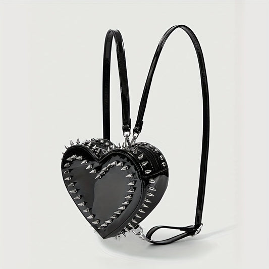 Women'S Punk Gothic Heart-Shaped Chain Backpack - Red Faux Leather with Metallic Studded Design, Adjustable Straps & Zipper Closure, Casual Daypack for Casual Attire, Casual Daypack | Punk Style Backpack | Metallic Studded Ba