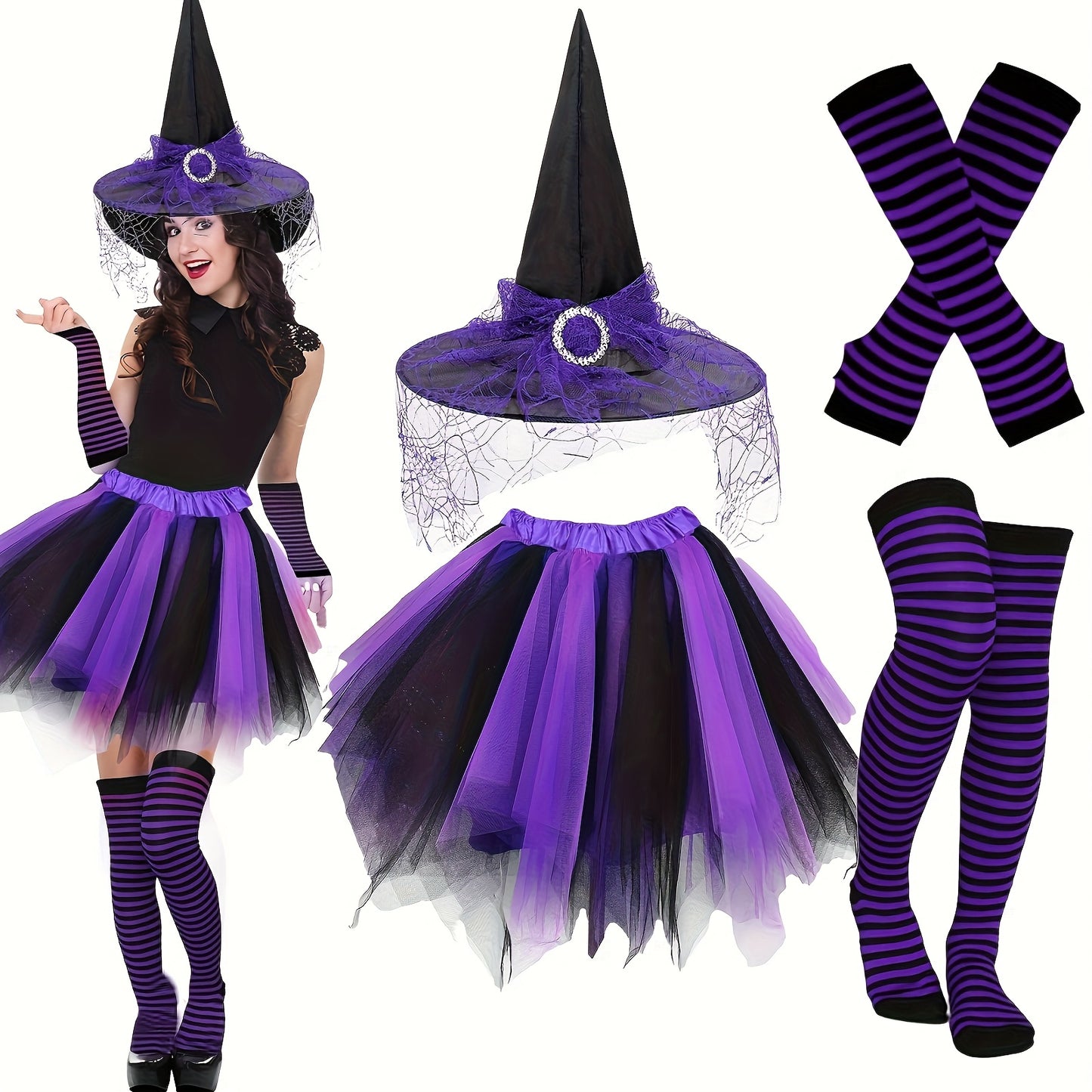4pcs Halloween Witch Costume Set for Women Ladies Gothic Cosplay Witch Hat Striped Knee High High Over Knee Witch Stockings Arm Warmers Tutu Skirt Set for Women Halloween Witch Cosplay Party Favor Cosplay Costume Accessories