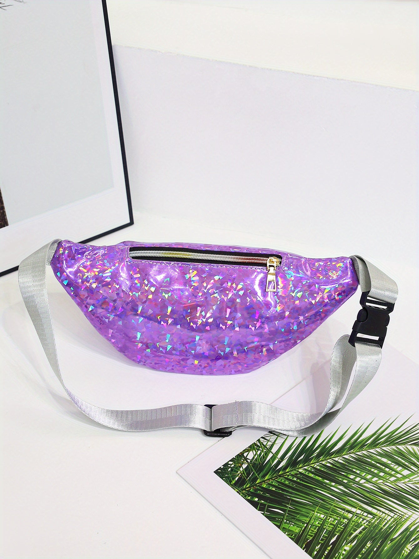 Holographic Sequin Waist Bag for Women - Stylish Crossbody Belt Bag with Adjustable Strap, Zipper Closure, And Glittery Purple, White, And Pink Patterns - Perfect for Outdoor Activities, Travel, And Everyday Fashion, Crossbod
