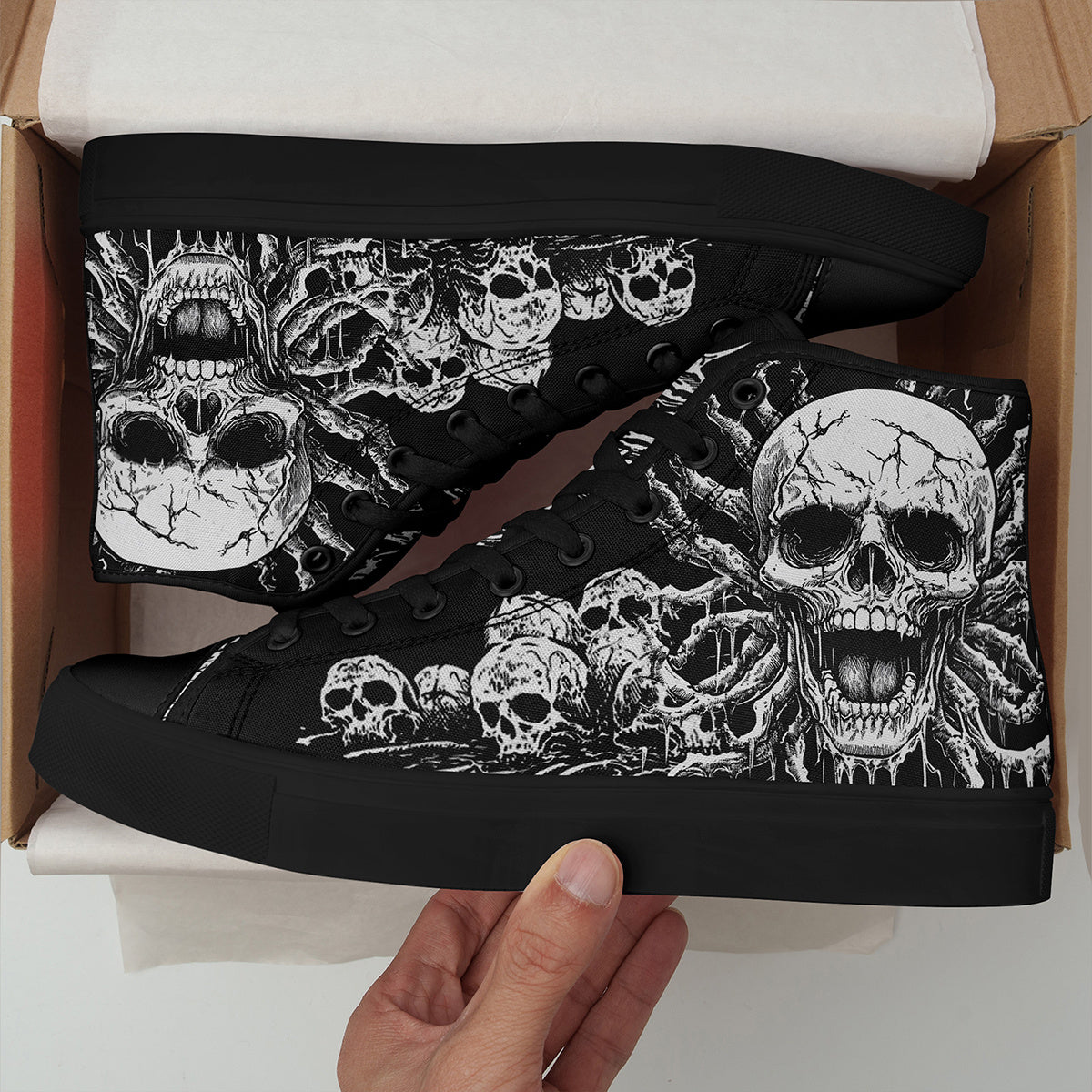 Men'S Plus Size Gothic Punk High-Top Sneakers with Skull Print, Black Casual Shoes for Streetwear & Everyday Comfort, Lace-Up Round Toe Design, Rubber Sole, Fabric Upper, Perfect for Parties, Concerts & Daily Wear, Everyday C