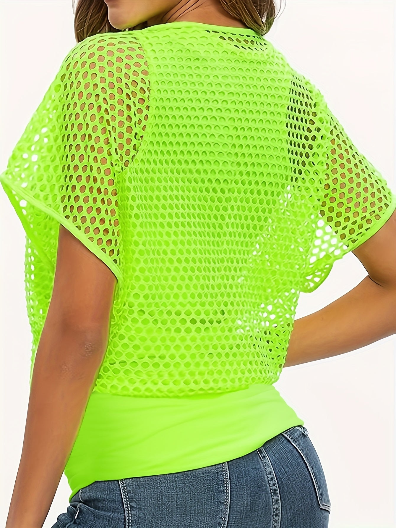 Two-Piece Set Women's Casual Sexy Neon '80s Vacation Tank Top + Fishnet Off-Shoulder T-Shirt