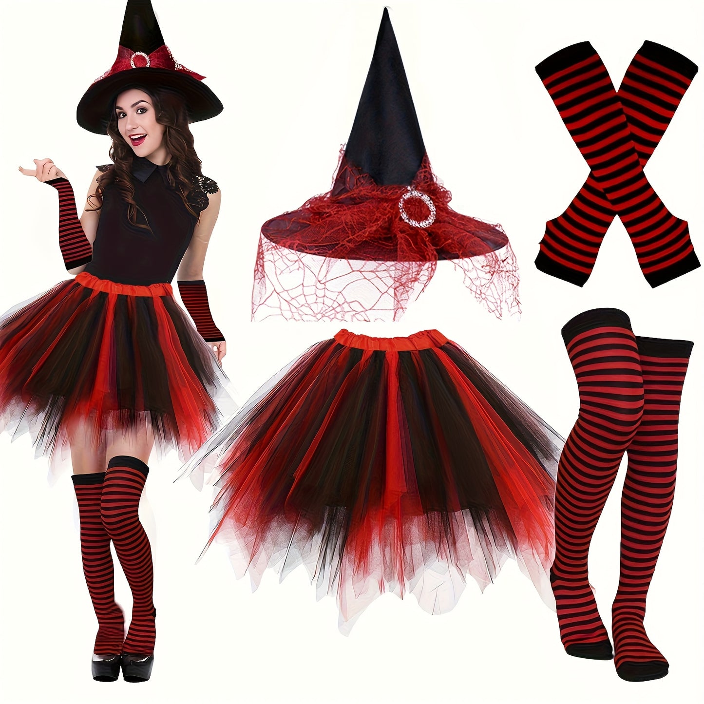 4pcs Halloween Witch Costume Set for Women Ladies Gothic Cosplay Witch Hat Striped Knee High High Over Knee Witch Stockings Arm Warmers Tutu Skirt Set for Women Halloween Witch Cosplay Party Favor Cosplay Costume Accessories