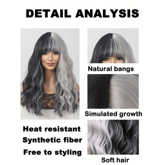 Elegant 22-Inch Two-Tone Black & White Wig for Women - Water Wave Synthetic Hair with Bangs, Perfect for Cosplay & Daily Fashion