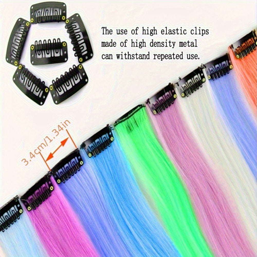 10pcs Glowing Clip-In Synthetic Hair Extensions 20-Inch Colorful Neon Glow-in-the-Dark Wigs, Easy-to-Wear Clip Design, Smooth Soft Texture, Women'S Daily Fashion Accessory for Halloween New Year Parties