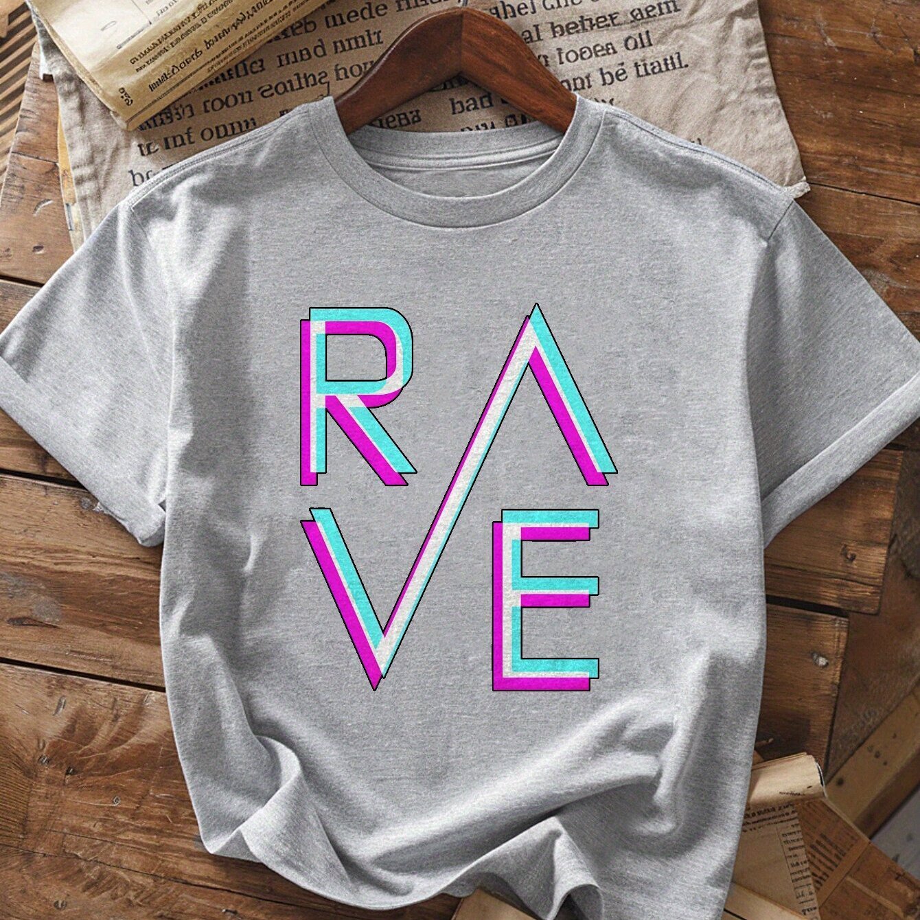 Women's Slim Fit RAVE Graphic T-Shirt - White Casual Short Sleeve Round Neck Polyester Top with Vibrant Pink & Blue Lettering, Machine Washable for Casual Attire & Parties, Party Outfit, Modern Aesthetic, Smooth Texture