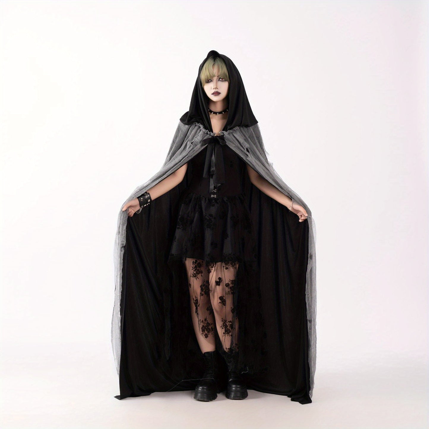 Halloween Witch Cloak Skull Clothes Mask Script Kill Ghosthouse Chamber Dress up Zombie Costume, Black Hooded Skull Mask with Glowing Eyes, Long Flowing Cape & Chains