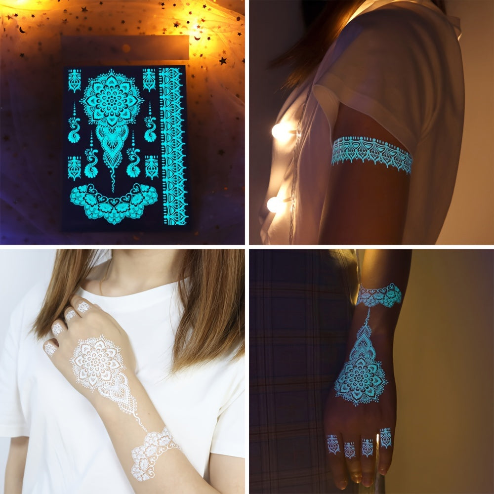 6 Sheets Glow-in-the-Dark Blue Luminous Tattoo Stickers - Tribal White Lace Lotus Mandala Flower Designs, Waterproof Fake Jewelry Pendant Pattern, Perfect for Wedding, Music Festival, Party Supplies and Daily Wear - Easy to A