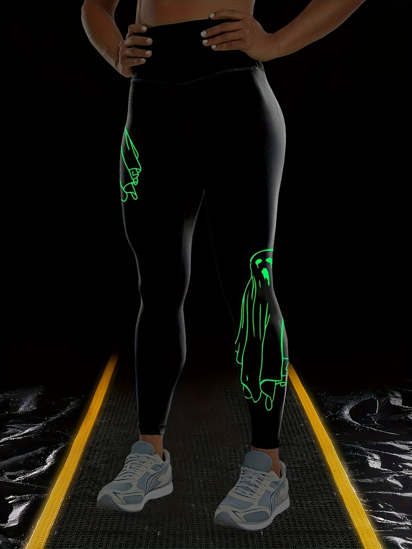 Women'S High-Waisted Stretchy Fitness Leggings with Glow-in-the-Dark Skull Print - Black, Elastic Waistband, Long Length for Running, Yoga & Halloween Party Wear, Yoga Pants, Halloween Leggings, Bold Graphic Pants, Highelasti