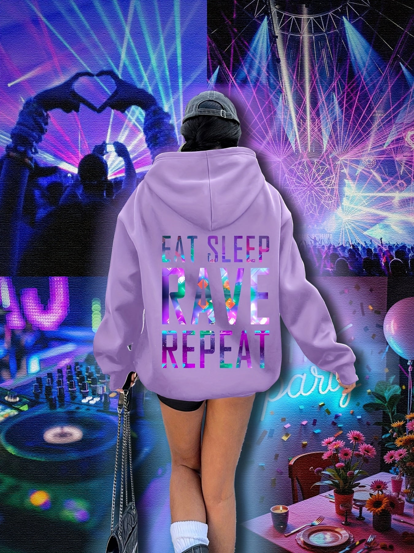 Plus Size, Women's Plus Size "EAT SLEEP RAVE REPEAT" Graphic Hoodie - Music Festival Print with Colorful Lights & DJ Design, Cozy Drawstring Hooded Sweatshirt for Winter & Autumn, Machine Washable Casual Pullover