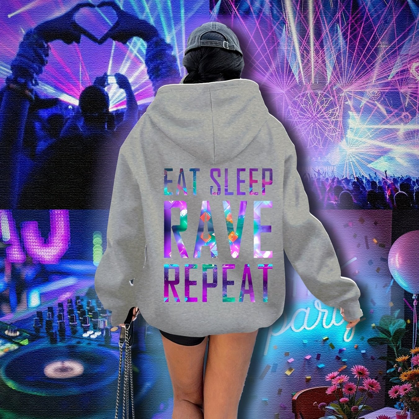 Plus Size, Women's Plus Size "EAT SLEEP RAVE REPEAT" Graphic Hoodie - Music Festival Print with Colorful Lights & DJ Design, Cozy Drawstring Hooded Sweatshirt for Winter & Autumn, Machine Washable Casual Pullover