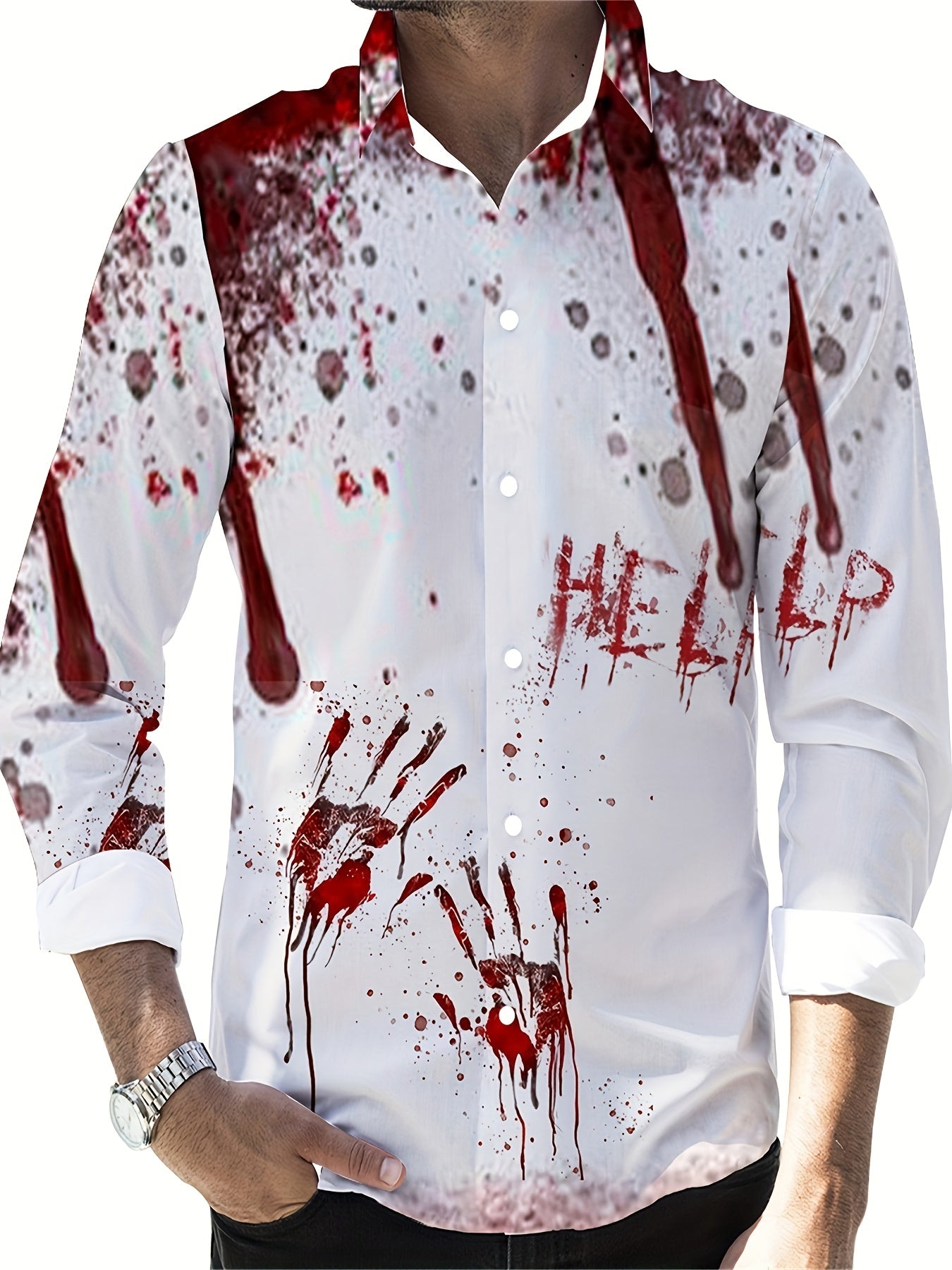 Scary Blood & Handprint Pattern Men's Long Sleeve Lapel Shirt, Men's Halloween Style Clothing For Spring Fall