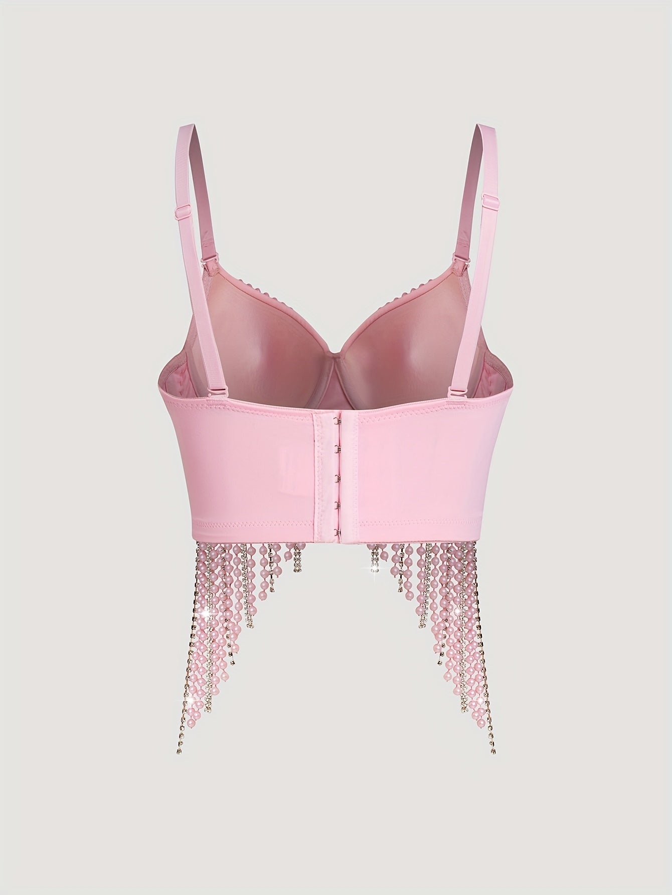 Sexy Fishbone Corset Top with Pearl Embellishments & Tassel Details - Vibrant Pink Stretchy Spaghetti Strap Bustier for Nightclub, Concert, Festival - Versatile All-Season Women's Fashion, Concert Attire, Elegant Style, Styli