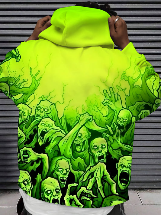 Men'S Y2K Dark Punk Skull Graphic Hoodie - Vibrant Green 3D Print, Elastic Knit Fabric, Drawstring Pocket, Regular Fit for Gym, Outdoor & Casual Wear, Autumn Winter Essential, Gym Apparel | Skull Print Hoodie | Stretchy Knit