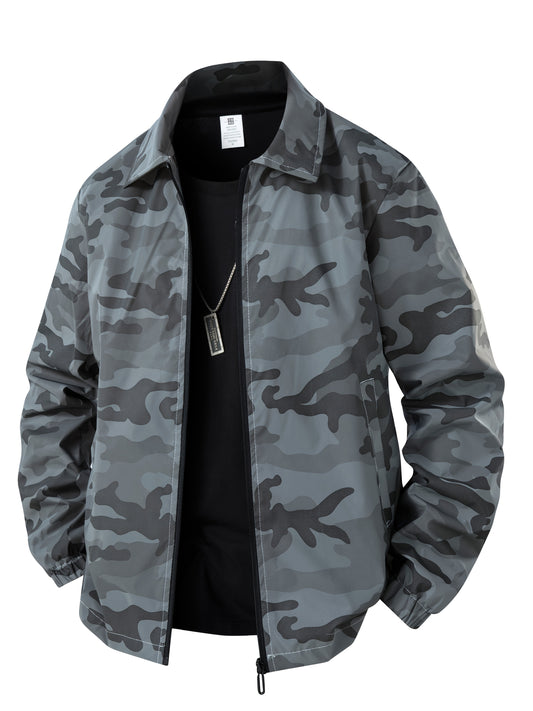 Men's Reflective Camo Soft Shell Jacket - Lightweight Polyester, Zip-Up Design with Flap Pockets, Gray Camouflage Pattern for Outdoor Activities, Running, Training, Hiking & Cycling - Perfect for Casual Wear