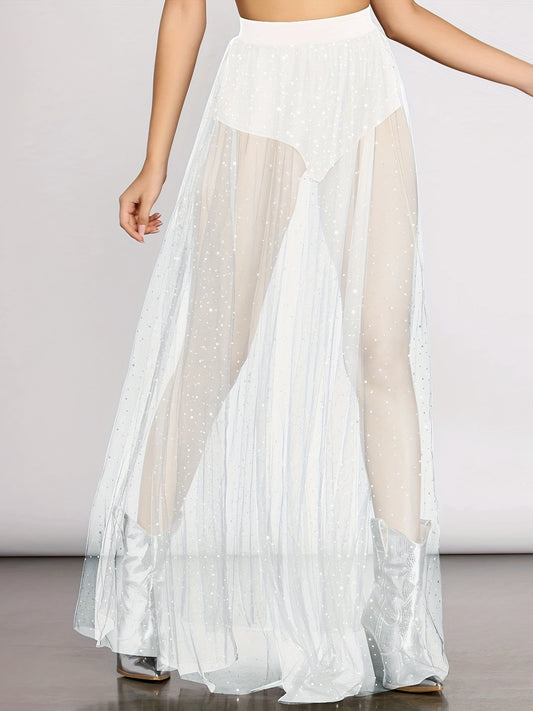 Sexy Sheer Mesh Polka Dot A-Line Skirt with Side Slit & Tassel Details - Youthful Nightclub & Party Skirt for Women, Spring Summer Fall Fashion, Clubbing Attire | Highwaisted Design | Formfitting Silhouette