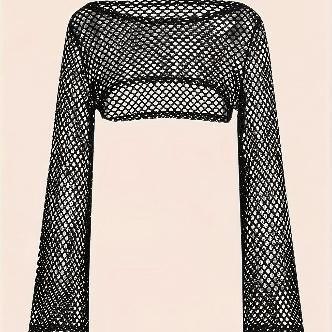 Y2K Fishnet Hollow Out Crop Sweater, Long Sleeve Solid Color Shrug Top For Summer & Spring, Women's Clothing