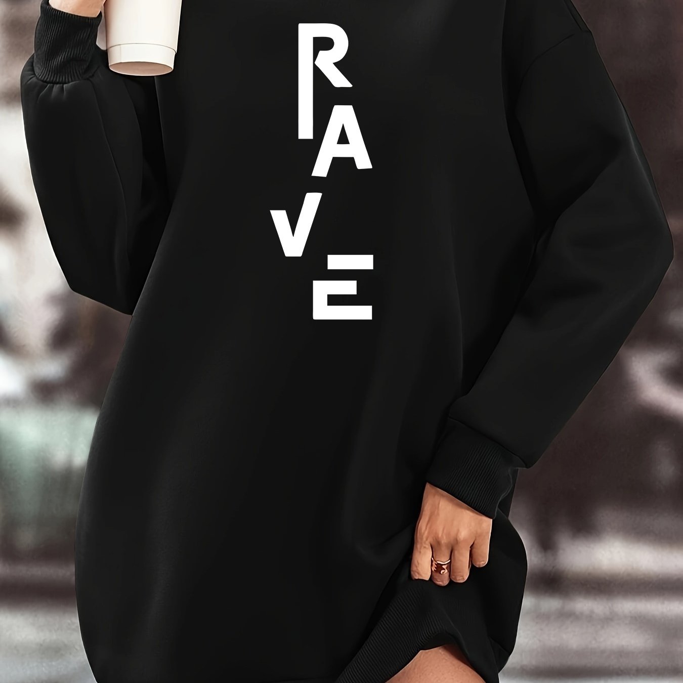 Women's Black Sweaterdress - RAVE Letter Print Lounge & Party Outfit, Long Sleeve Loose Fit Dress, Machine Washable Fall/Winter Casual to Evening Attire, Cozy Clothing, Sporty Look, Soft Texture, Fall Fashion, Relaxed Style,