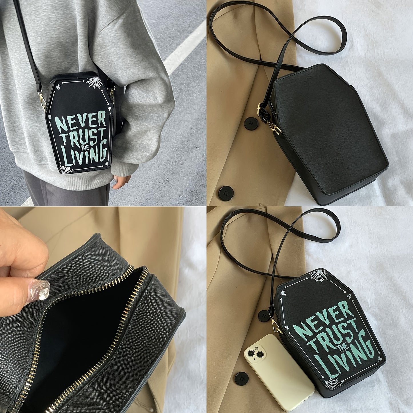 1pc Halloween Coffin-Shaped Fashion Shoulder Bag for Women, Sexy Gothic Faux Leather Crossbody Purse with "Never Trust The Living" Print, Zip Closure, Polyester Lining, and Edge Detailing