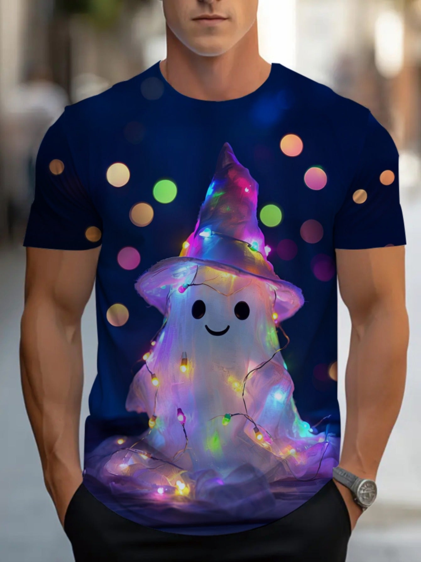Men's Halloween T-Shirt - Navy Blue Costume Party Shirt with Cute Wizard Hat, Soft Breathable Fabric for Halloween Costumes, Themed Events & Casual Attire - Machine Washable Spooky Apparel Gift for Adults, Halloween Clothes,