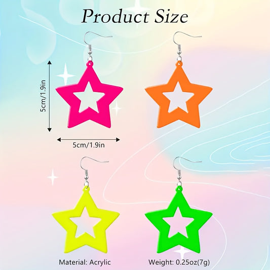 1/4 pair of neon star earrings made of acrylic material, with bright pink, orange, yellow, and green colors as perfect party gifts to express your sincere emotions. Party earrings with bright colors, hanging earrings design,