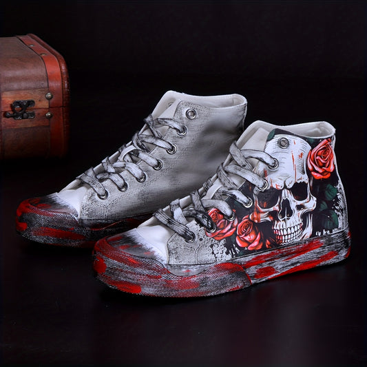 High-Top Canvas Sneakers with Skull & Rose Pattern - Vintage Graffiti Style, Durable Rubber Sole, Comfortable Fabric Lining for Casual & Outdoor Wear