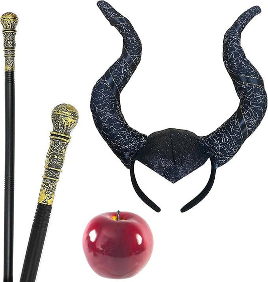 Evil Witch 3pcs Costume Set | Includes Black Queen Horns, Apple & Staff | Perfect for Halloween, Fancy Dress Parties & World Book Day Outfits