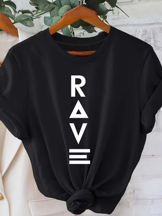 Women's Casual Short Sleeve T-Shirt - Black with Vertical White RAVE Print, Relaxed Fit Round Neck, Machine Washable All-Season Comfort Top, Rave Clothing, Classic Round Neck, Nontransparent Fabric