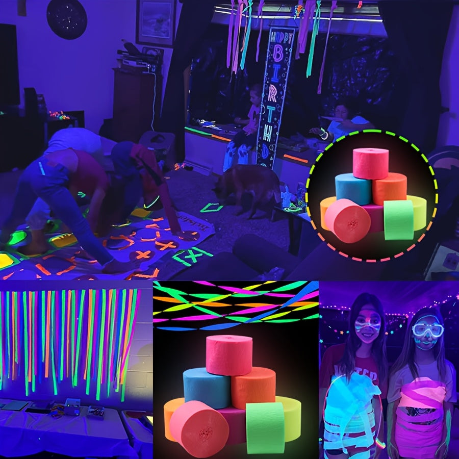 Light-up crepe paper streamer, 8 rolls of luminous UV active fluorescent light party, requires purple light irradiation for luminescence, neon streamers suitable for wedding birthday black light party supplies decoration