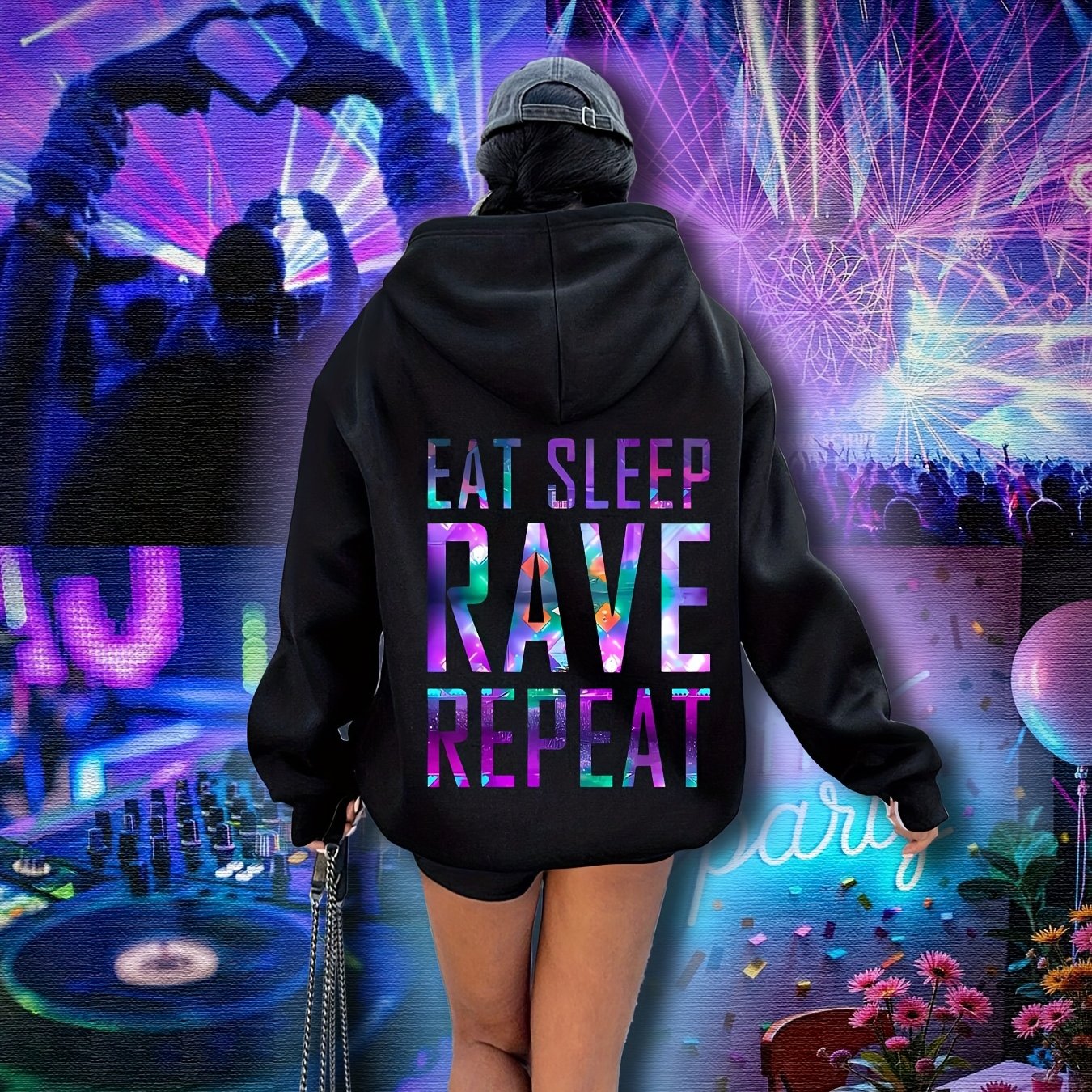 Plus Size, Women's Plus Size "EAT SLEEP RAVE REPEAT" Graphic Hoodie - Music Festival Print with Colorful Lights & DJ Design, Cozy Drawstring Hooded Sweatshirt for Winter & Autumn, Machine Washable Casual Pullover