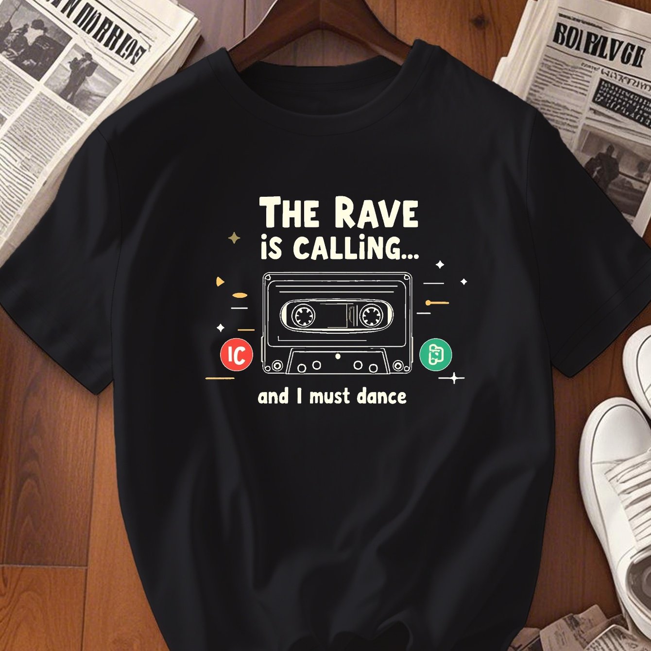 Women's Black Retro Rave Cassette & Dance Icons Graphic T-Shirt - "The Rave is Calling" Short Sleeve Crew Neck Top, Medium Stretch Casual Tee for Summer & Spring, Machine Washable, Rave Accessories, Spring Fashion Top, Playfu
