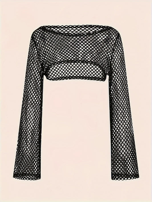 Y2K Fishnet Hollow Out Crop Sweater, Long Sleeve Solid Color Shrug Top For Summer & Spring, Women's Clothing