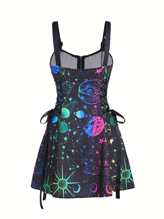 Women's Galaxy Print Sleeveless Dress with Adjustable Straps & Zipper Detail - Vibrant Starry Sky Design, Polyester Fabric, Machine Washable, Casual Style for All Seasons, Galaxy Dress